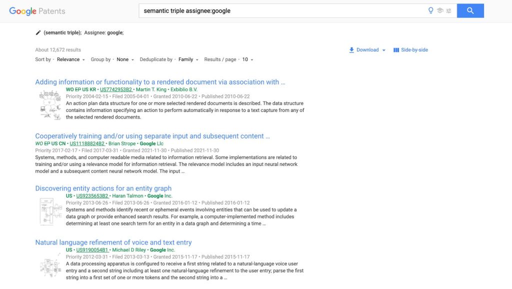 Google Patents Including Semantic Triples